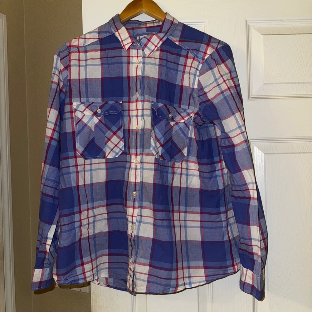 Express women’s plaid button up 100% cotton shirt size large roll-tab sleeves